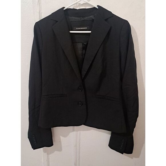 Club Monaco Womens Size Top 2 Button Fitted Black Blazer Jacket 96% Fine Wool - Picture 1 of 8